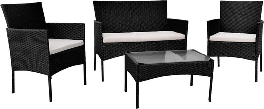 Black Rattan Garden Furniture Set - 4 Piece Patio Sofa and Coffee Table with rain cover - XEO Home
