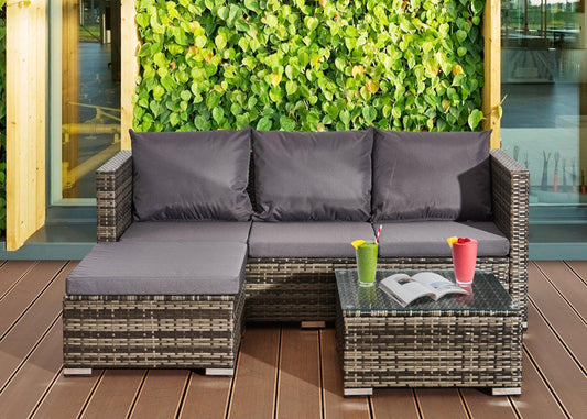 Outdoor Rattan Sofa Set - MIX Grey 4-Seater L-Shape with Coffee Table & Sun Lounger - XEO Home