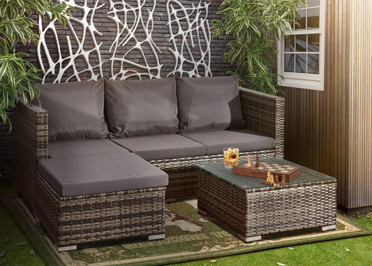 Outdoor Rattan Sofa Set - MIX Grey 4-Seater L-Shape with Coffee Table & Sun Lounger - XEO Home