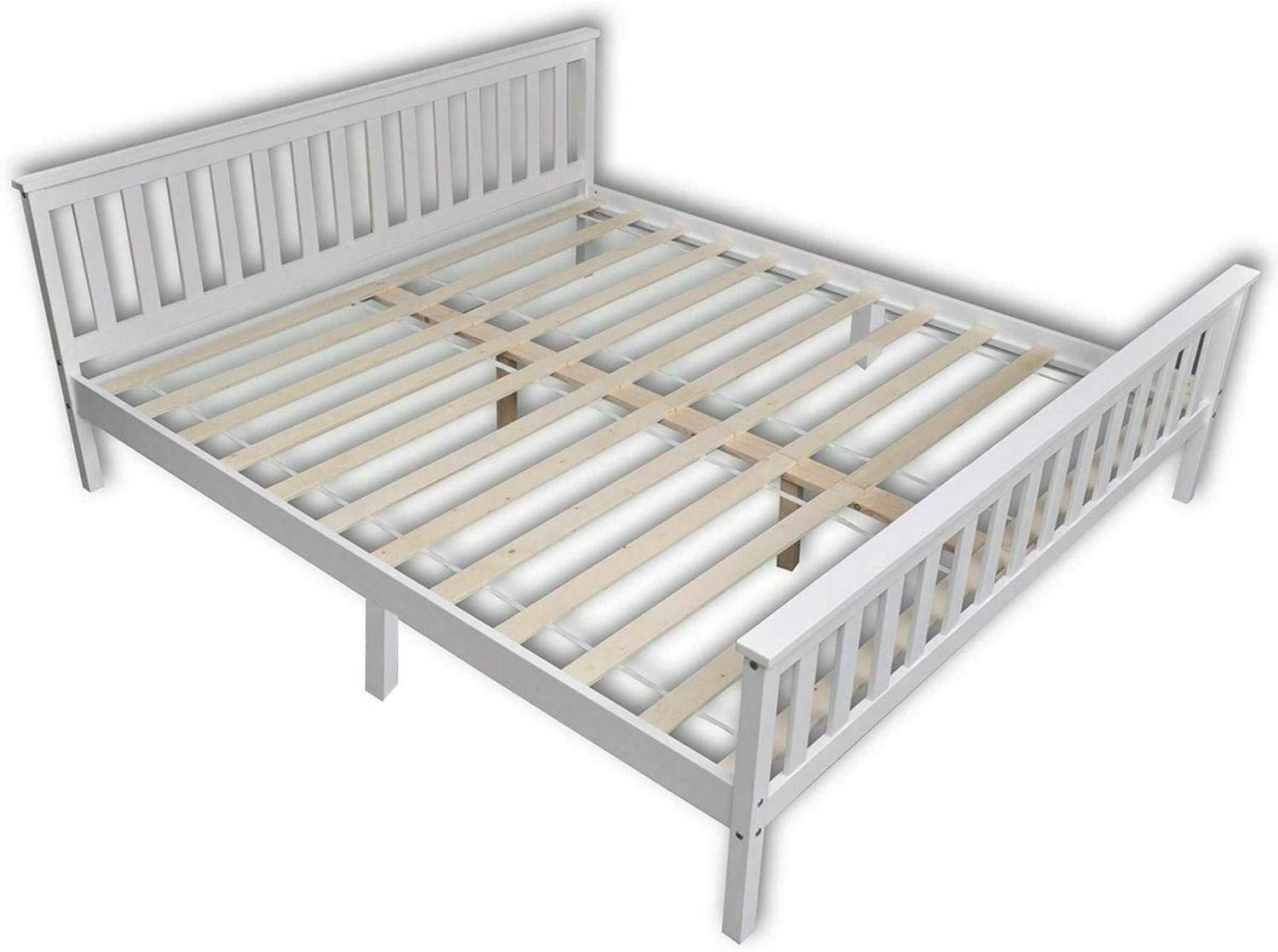 White 5ft King Size Wooden Bed Frame – Solid Pine Wood Bed with Optional Cooling Gel Mattress for Bedroom Furniture