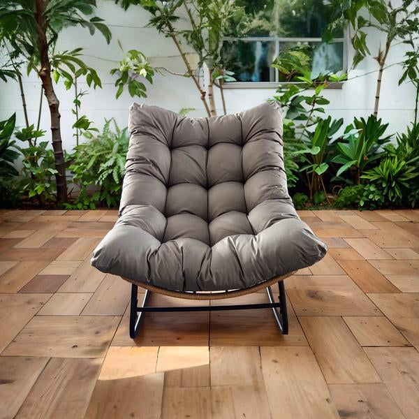 Outdoor Wicker Papasan Rocking Chair – Comfy Egg Chair with Thick Cushion for Patio, Garden, Living Room & Bedroom