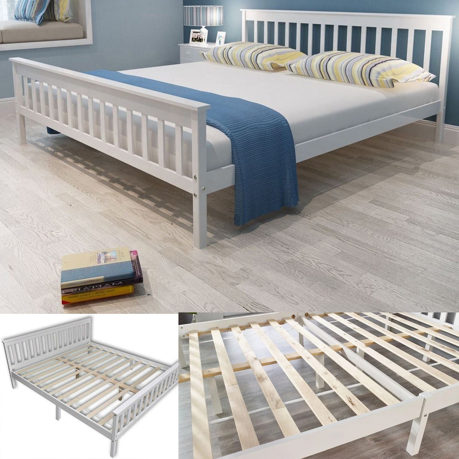 White 4ft6 Double & 5ft King Wooden Bed Frame – Solid Pine Wood Bed with Optional Mattress for Bedroom Furniture