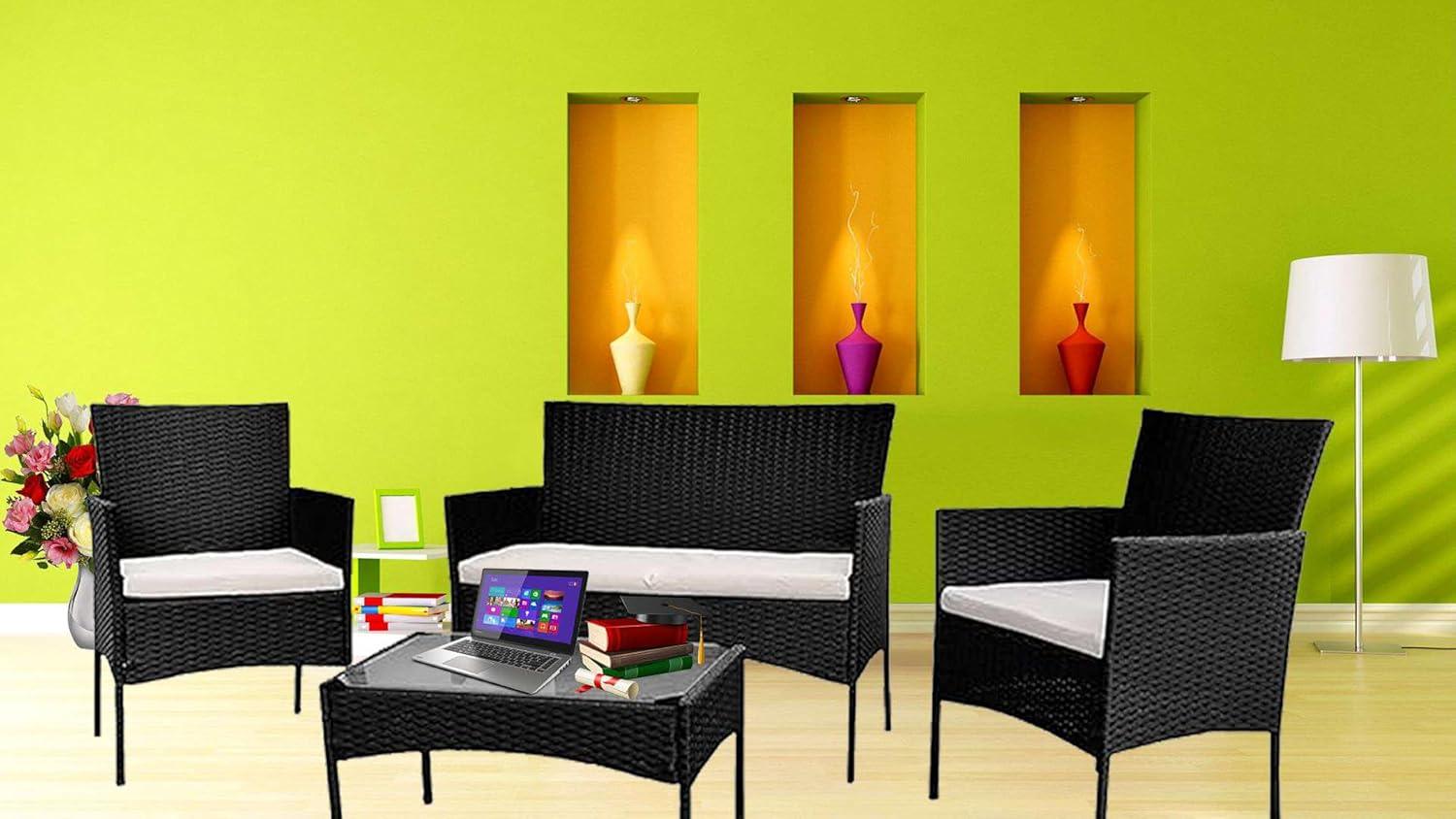 Black Rattan Garden Furniture Set - 4 Piece Patio Sofa and Coffee Table with rain cover - XEO Home