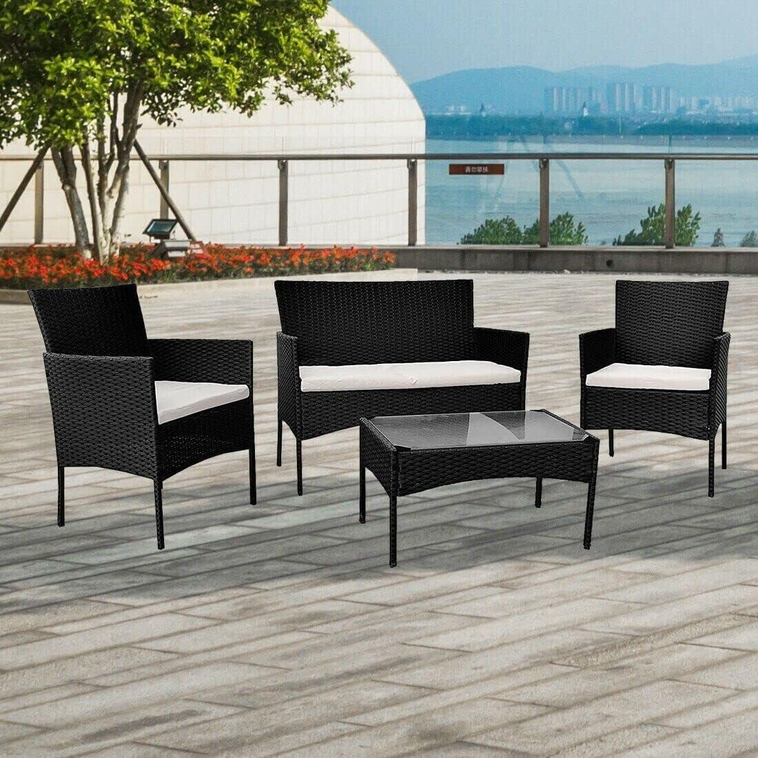 Black Rattan Garden Furniture Set - 4 Piece Patio Sofa and Coffee Table with rain cover - XEO Home