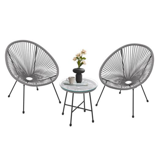 3 Piece Rattan Bistro Set for 2 – Outdoor Garden Table & Egg Chairs with Glass Top