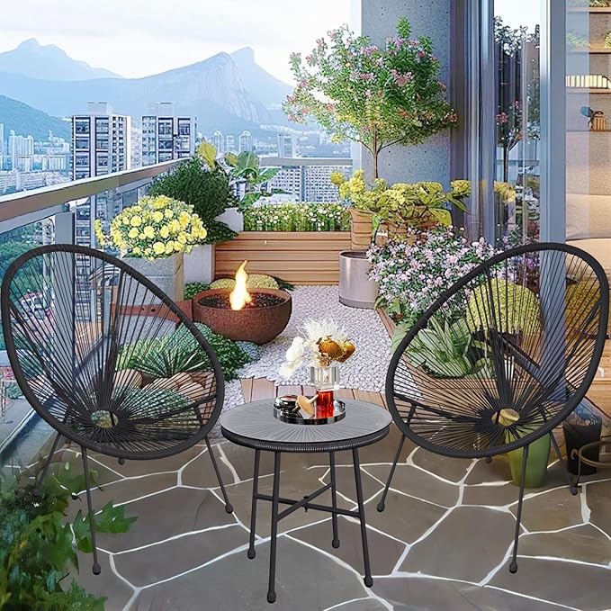 3 Piece Rattan Bistro Set for 2 – Outdoor Garden Table & Egg Chairs with Glass Top