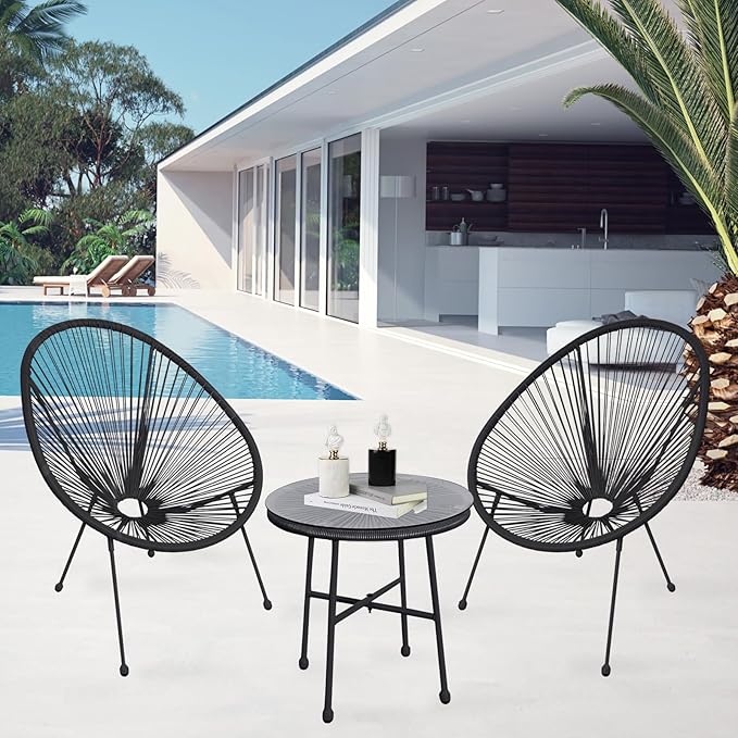 3 Piece Rattan Bistro Set for 2 – Outdoor Garden Table & Egg Chairs with Glass Top