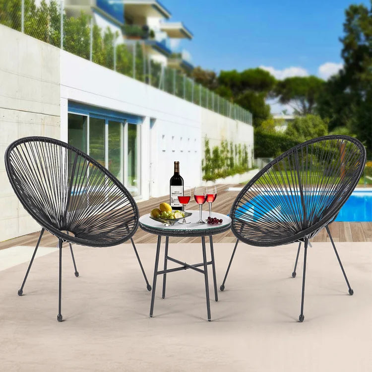 3 Piece Rattan Bistro Set for 2 – Outdoor Garden Table & Egg Chairs with Glass Top