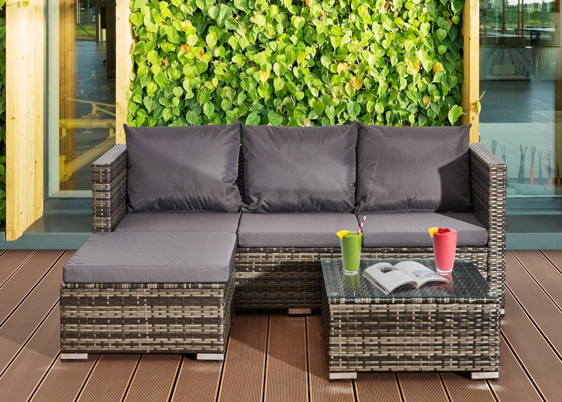 Outdoor Rattan Sofa Set - MIX Grey 4-Seater L-Shape with Coffee Table & Sun Lounger - XEO Home