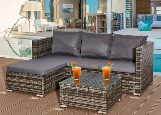 Outdoor Rattan Sofa Set - MIX Grey 4-Seater L-Shape with Coffee Table & Sun Lounger - XEO Home