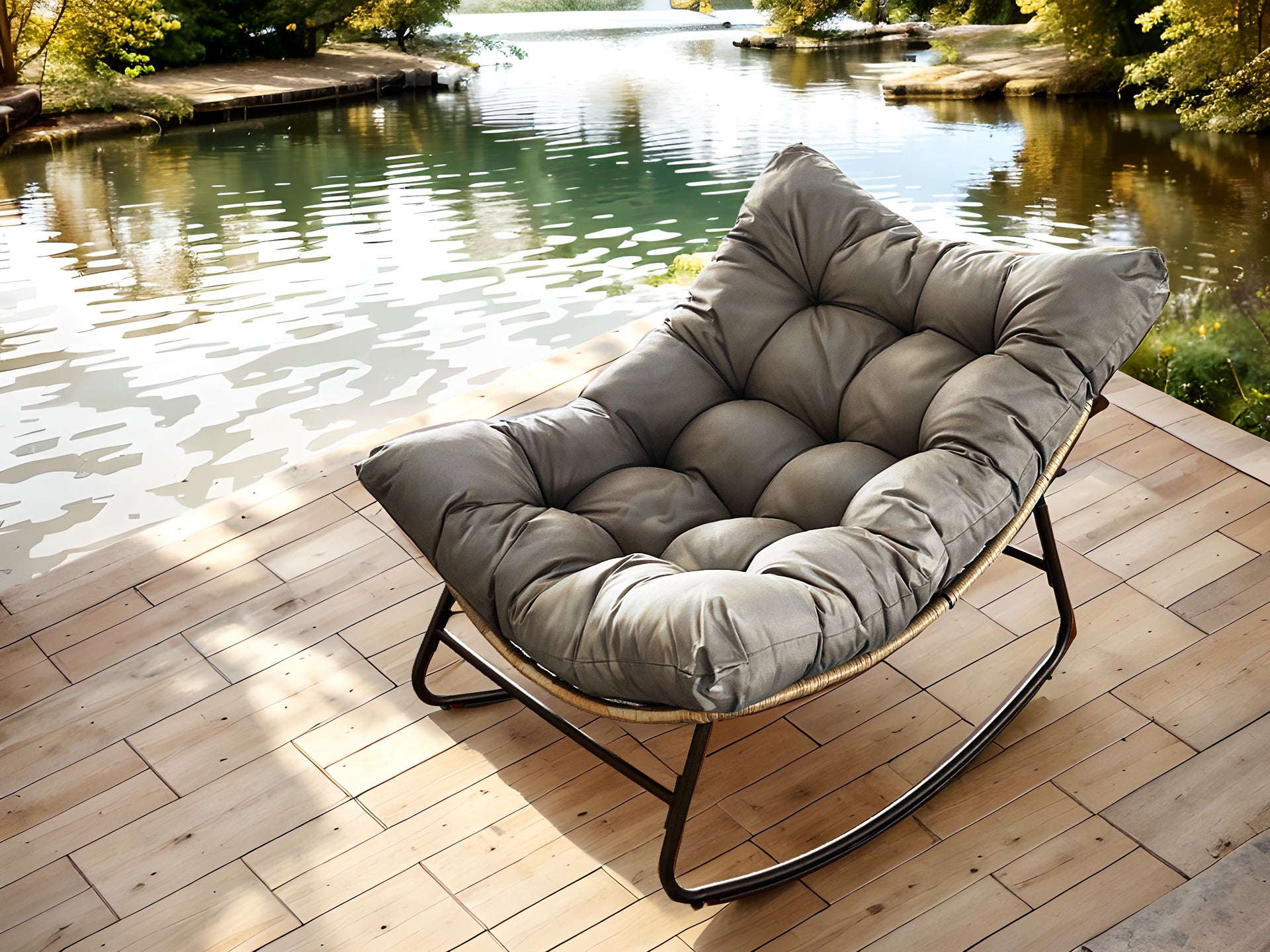 Outdoor Wicker Papasan Rocking Chair – Comfy Egg Chair with Thick Cushion for Patio, Garden, Living Room & Bedroom