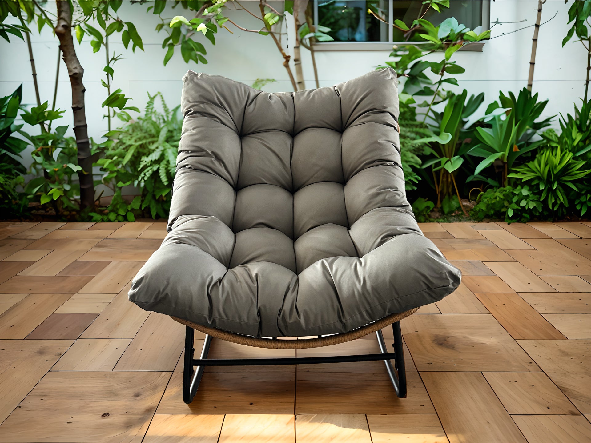 Outdoor Wicker Papasan Rocking Chair – Comfy Egg Chair with Thick Cushion for Patio, Garden, Living Room & Bedroom