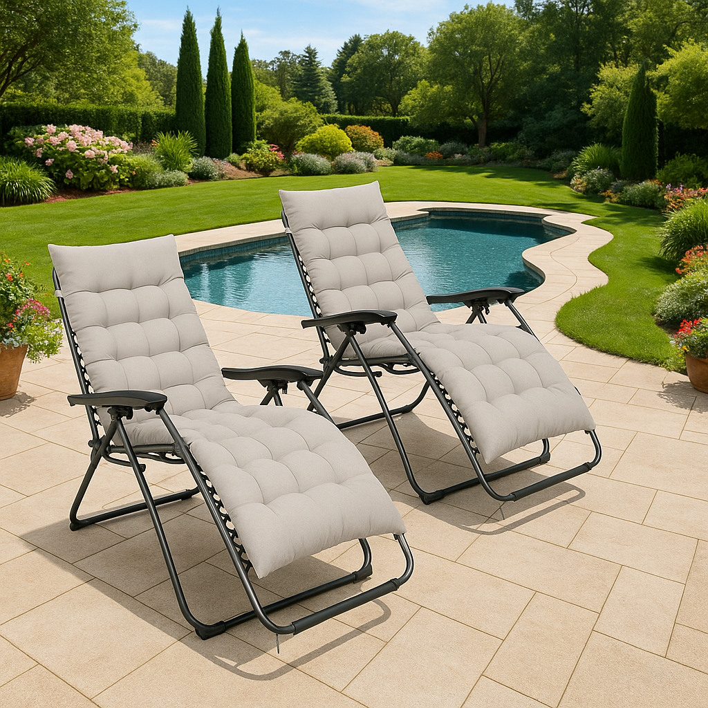 2PCS Zero Gravity Sun Lounger Chairs with Cushions – Foldable Reclining Garden Chairs Set of 2, Portable Camping Relaxer, Thick Padded & Non-Slip Outdoor Lounge Chairs