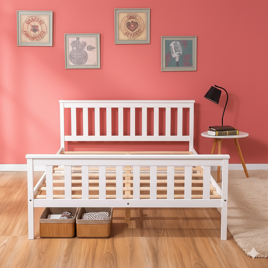 4ft Small Double Pine Wood Bed Frame White Wooden Bed with Optional Gel Memory Foam Mattress