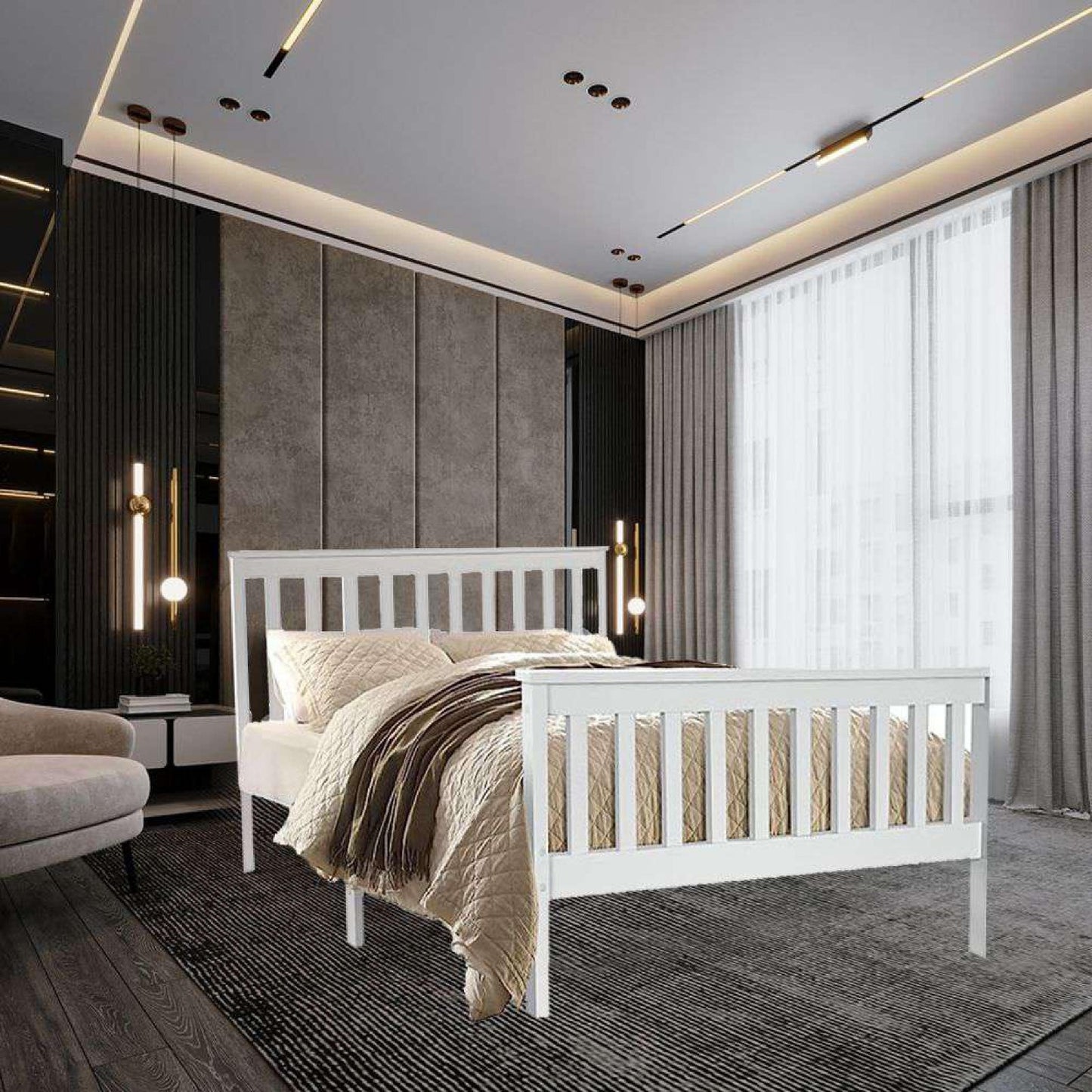 4.6ft Stylish and Elegant White Double Pinewood Bed Frame