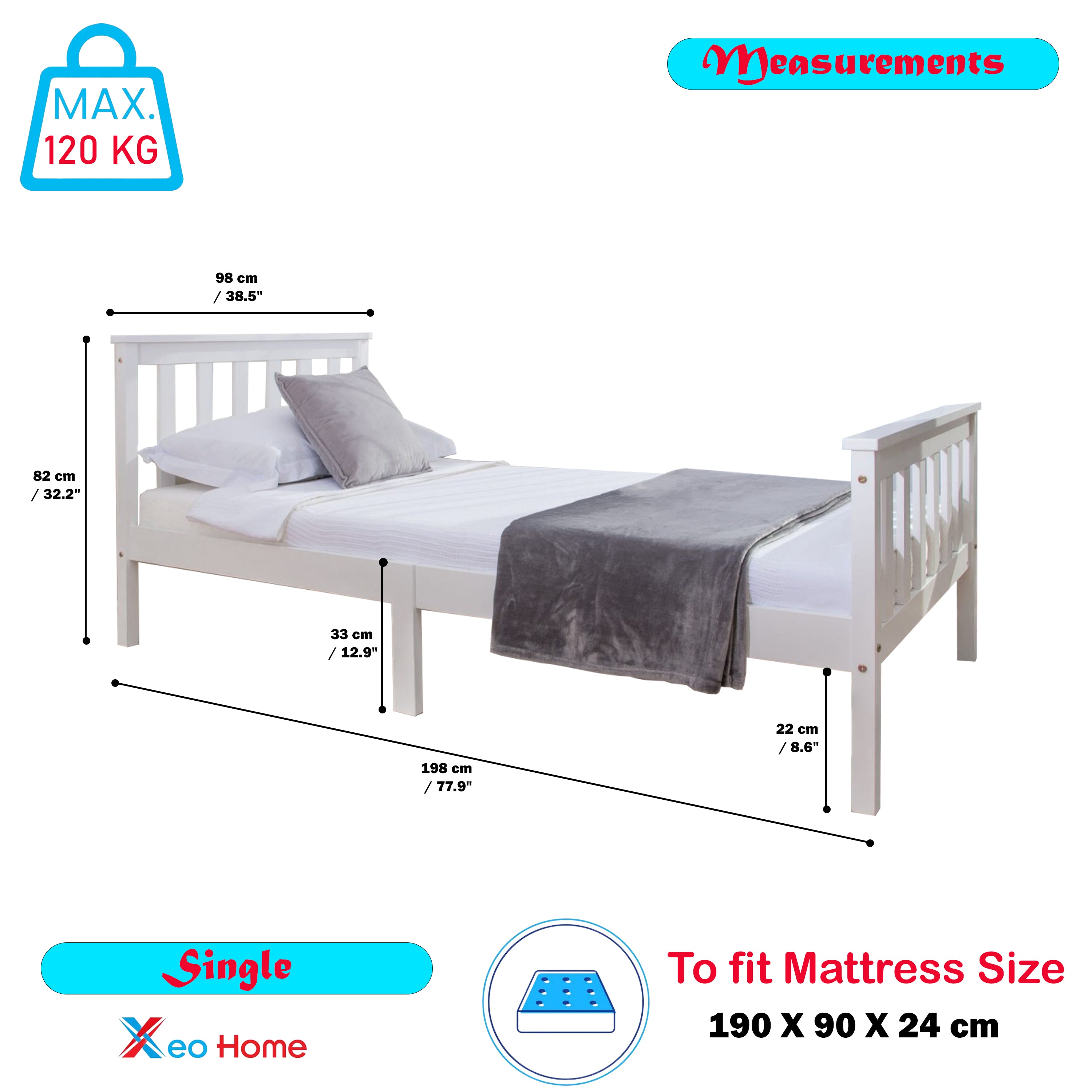 White 3ft Single Wooden Bed Frame with/without Mattress Solid Pinewood for Kids Teens Adults