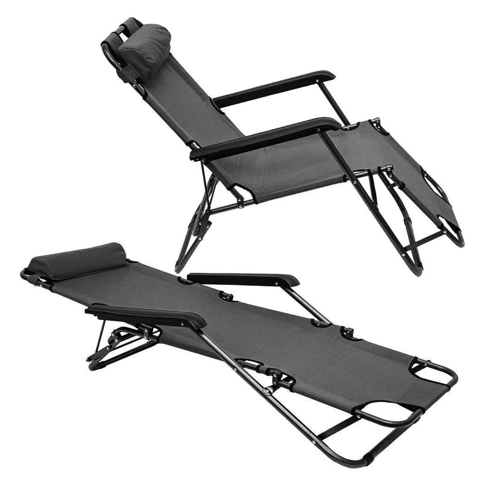 Folding Outdoor Recliner 2 Chairs with Adjustable Headrest – 2X Zero Gravity Garden Sun Lounger Bed with Armrests, Portable Patio Chair for Camping, Beach & Poolside