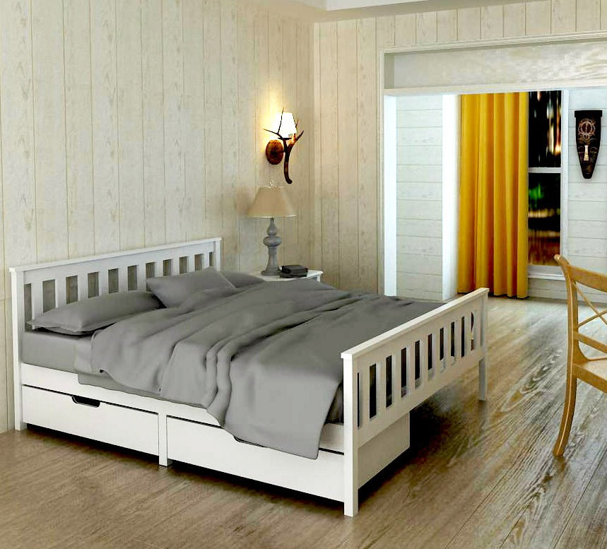 White 5ft King Size Wooden Bed Frame – Solid Pine Wood Bed with Optional Cooling Gel Mattress for Bedroom Furniture