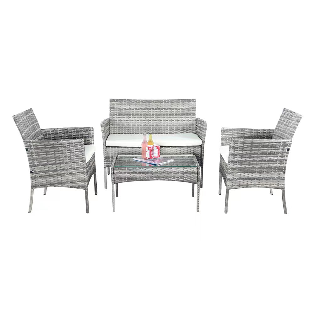 4 Piece Rattan Garden Furniture Set – Outdoor Patio Sofa & Chairs with Coffee Table for Balcony, Conservatory, Backyard & Poolside