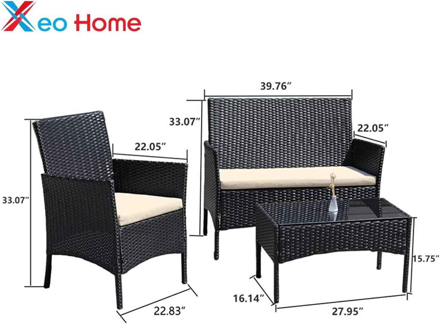 4 Piece Rattan Garden Furniture Set – Outdoor Patio Sofa & Chairs with Coffee Table for Balcony, Conservatory, Backyard & Poolside
