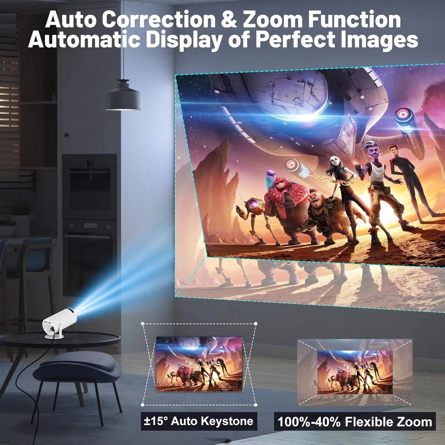 Mini Portable Projector with 180° Rotation & Auto Keystone – Android LED Home Cinema Projector Compatible with TV Stick, HDMI, USB, iOS & Windows