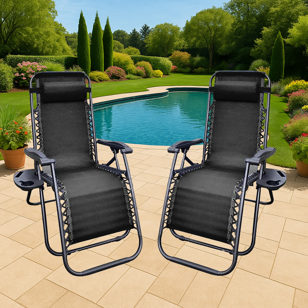 Zero Gravity Sun Lounger Chair with Cup Holder – Folding Reclining Garden Chair for Patio, Beach, Pool & Terrace Outdoor Furniture