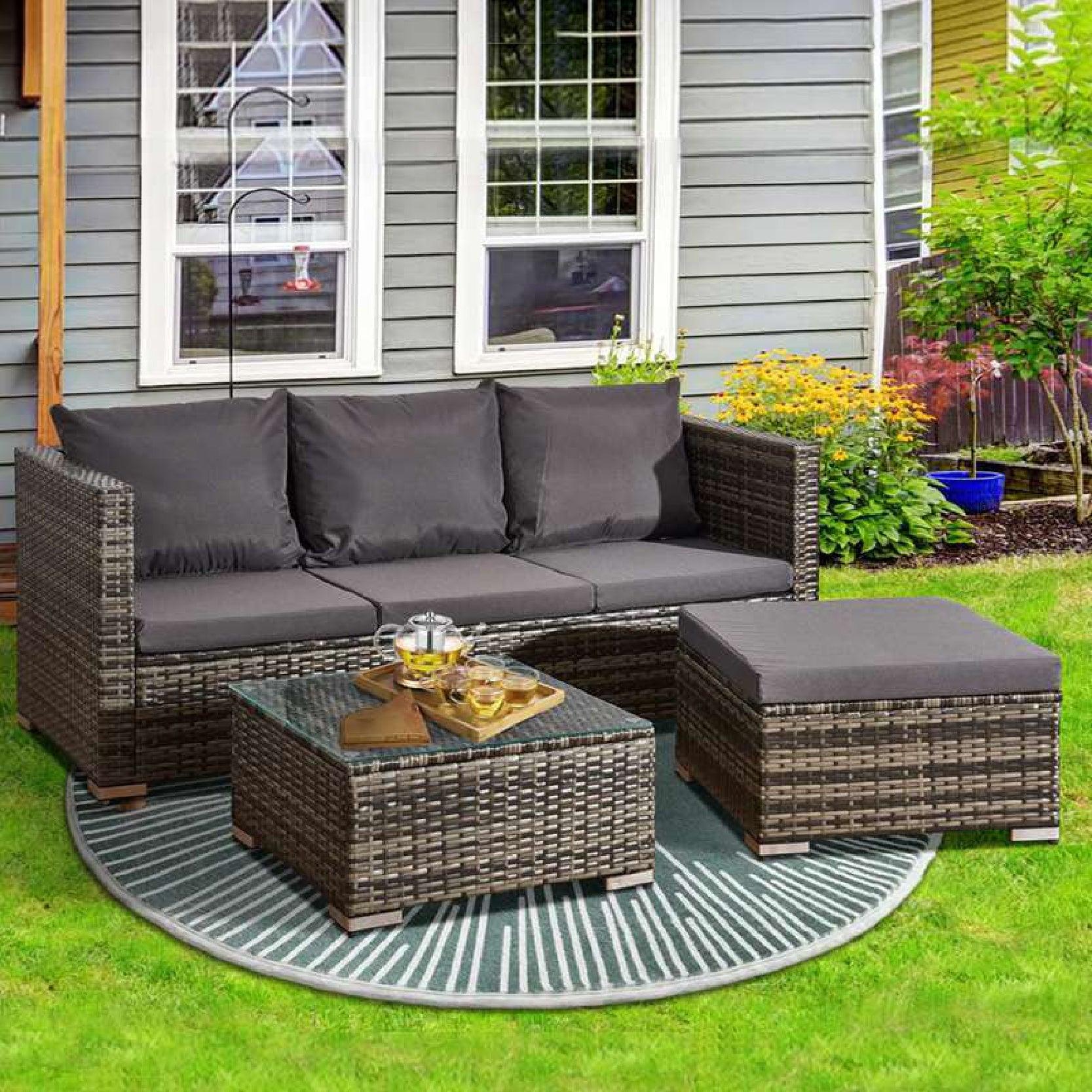 Outdoor Rattan Sofa Set - MIX Grey 4-Seater L-Shape with Coffee Table & Sun Lounger - XEO Home