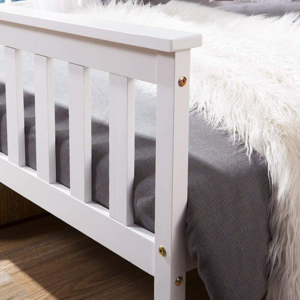 White 4ft6 Double Wooden Bed Frame – Solid Pine Wood Bed with Optional Mattress for Bedroom Furniture