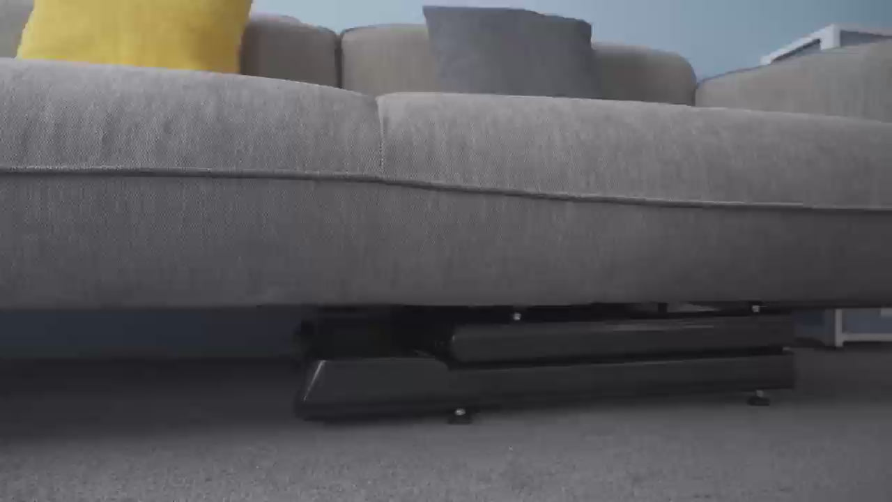 Indoor walking machine with remote control and space-saving portability.