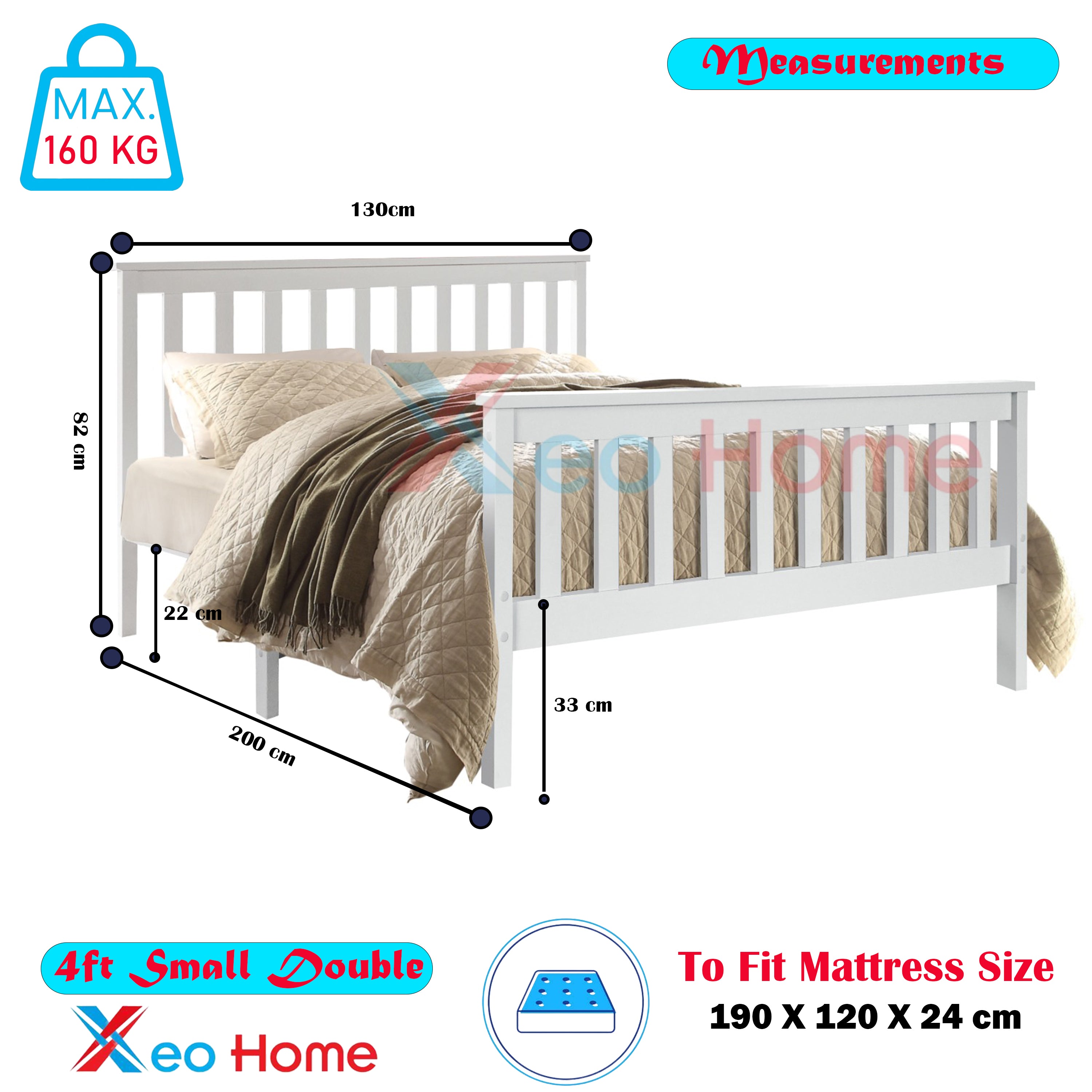 4ft Small Double Pine Wood Bed Frame White Wooden Bed with Optional Gel Memory Foam Mattress